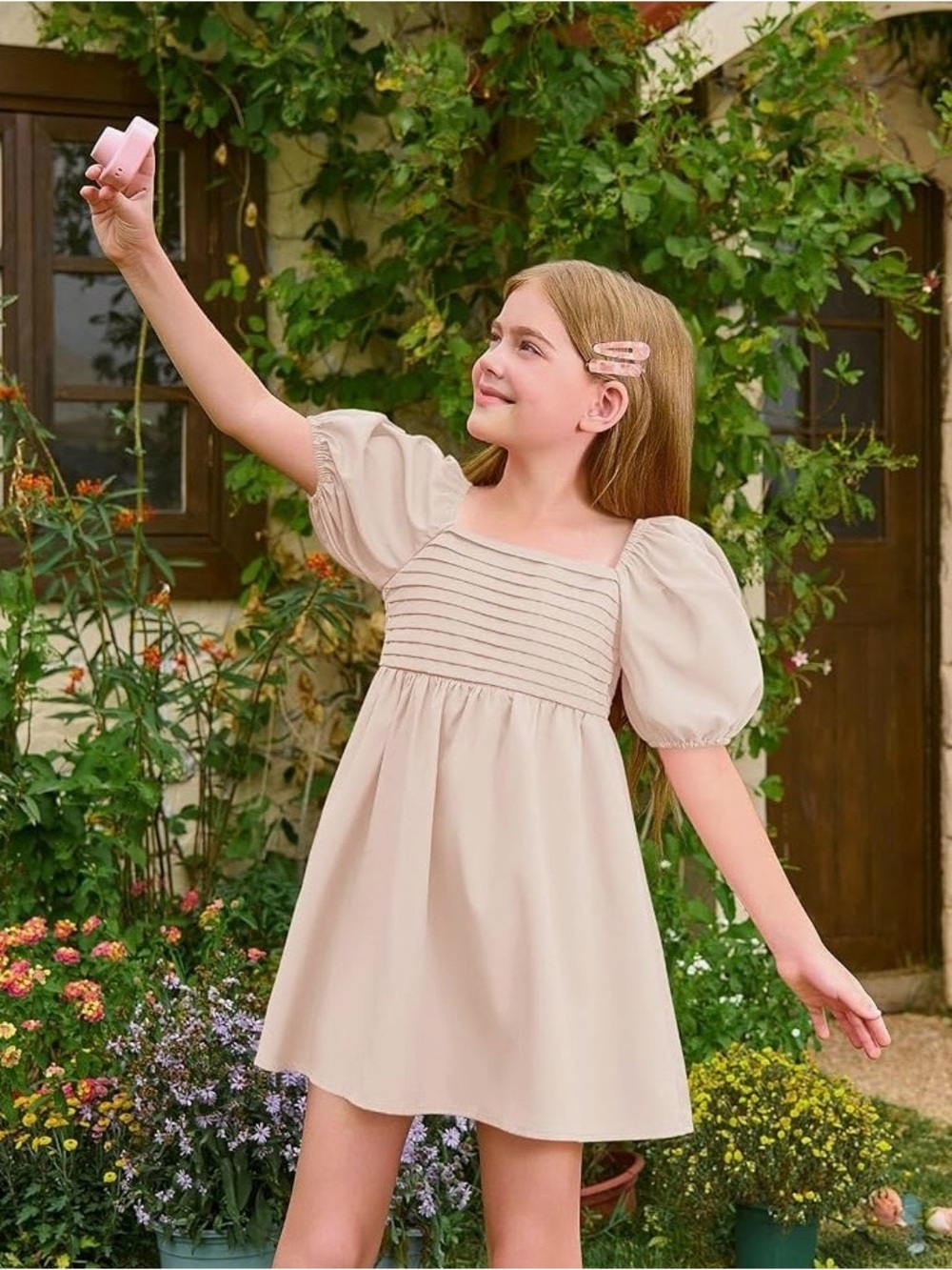 Girls' Cream Puff-Sleeve Square-Neck Dress